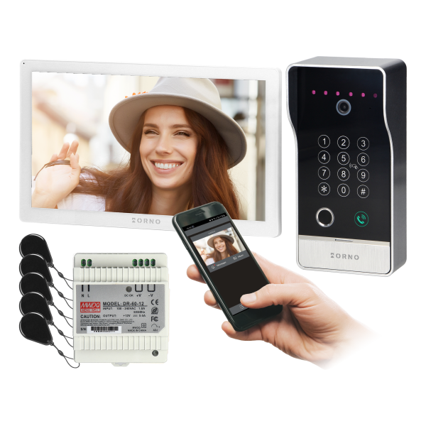 GUARDO single family video doorphone set, 4-wires, touchscreen LCD 10" monitor, fingerprint reader, proximity reader and code lock, App-controlled, surface mounted, white